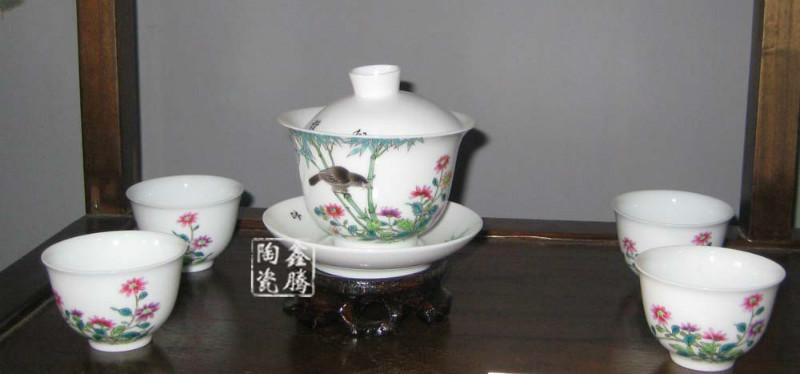 供应茶具-花鸟茶具-粉彩套装茶具图片