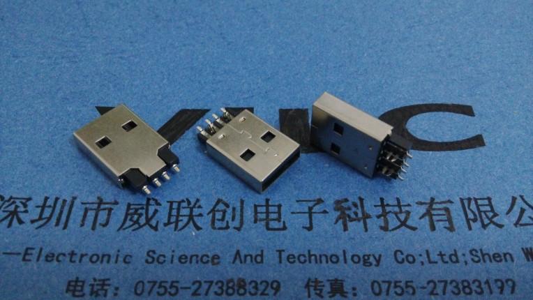 供應(yīng)USB-A公魚(yú)叉SMT焊板式+黑色 模頂鉚壓 新款U頭